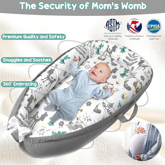 Baby Lounger - Baby Lounger for Newborn 0-24 Months, Breathable, Soft Cotton Baby Nest, Portable Infant Lounger for Home & Travel, Newborn Essentials Gift (Grey Deer)-CubbioJoy