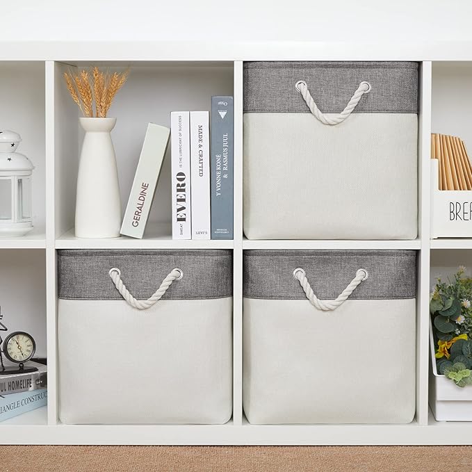 Bidtakay Fabric White Baskets for Shelves Set of 3 Cube Storage Large Organizer Bins 13x13 Closet Storage Bins for Home Office Nursery Collapsible Storage Bins for Organization-CubbioJoy