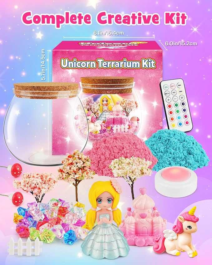 D-FantiX Unicorn Princess Toys Terrarium Kit for Kids, Led Night Light Birthday for Little Girls, DIY Arts and Crafts Science Kit for Kids Age 3 4 5 6 7 8-12 Year Old-CubbioJoy