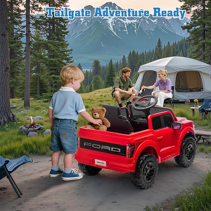 12V Ride on Car Licensed Ford F-150 Raptor, Kids Electric Car with Remote Control, LED Light/Music/MP3, Truck Bed Storage, 3-Point Seat Belt (12V, Red)-CubbioJoy