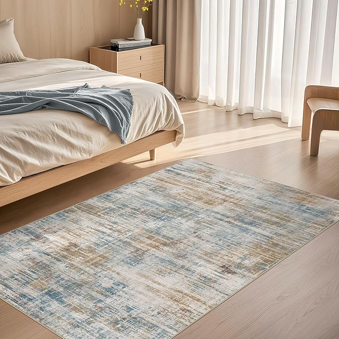Area Rug for Living Room: 3x5 Washable Neutral Abstract Modern Soft Rugs Non Slip Indoor Floor Stain Resistant Carpet for Bedroom Dining Room Office Nursery - Blue Brown-CubbioJoy