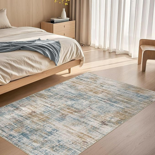 Area Rug for Living Room: 3x5 Washable Neutral Abstract Modern Soft Rugs Non Slip Indoor Floor Stain Resistant Carpet for Bedroom Dining Room Office Nursery - Blue Brown-CubbioJoy