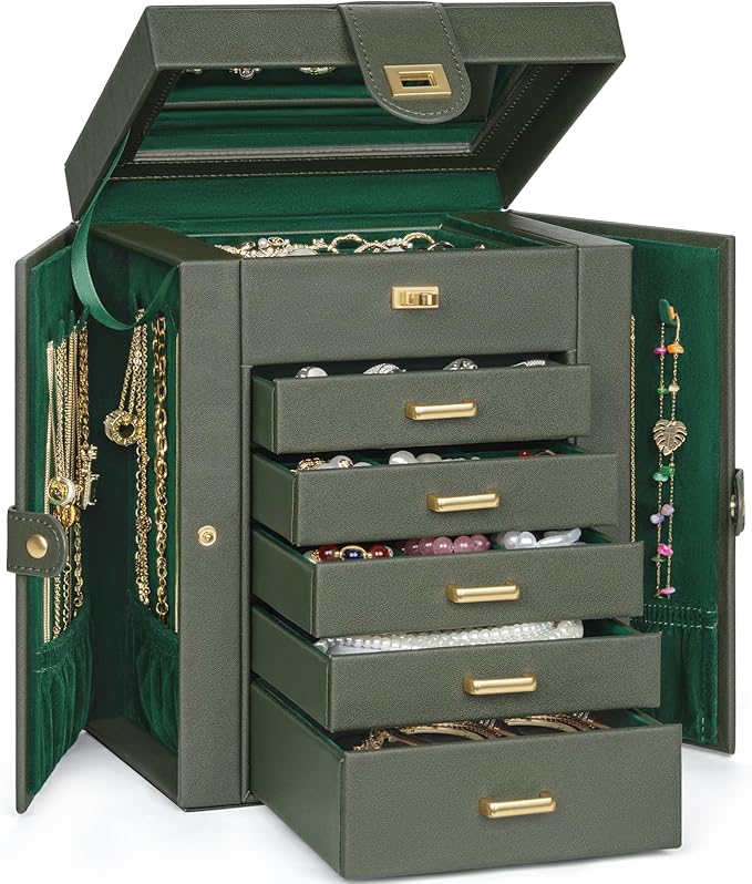 AKOZLIN Jewelry Box Organizer Functional Leather Jewelry Storage Case for Women Girls Ring Necklace Earring Bracelet Holder Organizer with Mirror-CubbioJoy