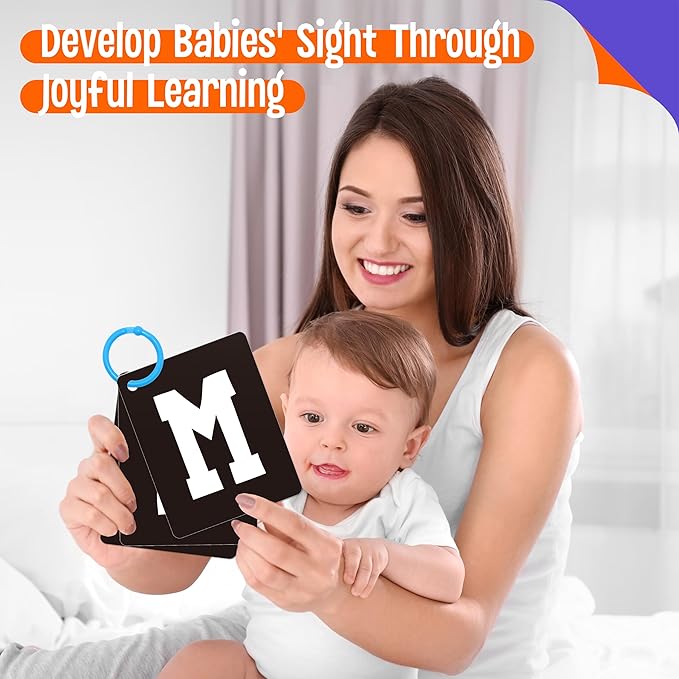 52 PCS Baby Visual Stimulus Cards, Double-Sided High Contrast Black and White, Colorful Alphabet Words Flashcards, Visual Sensory Development Montessori Cards Set for Newborn Baby, Kids, Preschool-CubbioJoy