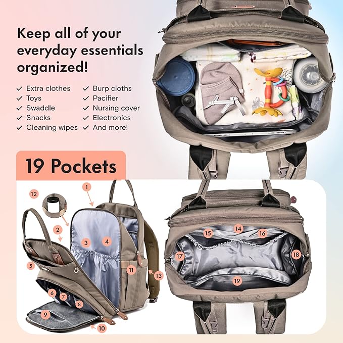Dikaslon Diaper Bag Backpack with Portable Changing Pad, Pacifier Case and Stroller Straps, Large Unisex Baby Bags for Boys Girls, Multipurpose Travel Back Pack Moms Dads,Khaki-CubbioJoy