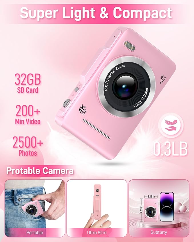 Digital Camera, FHD 1080P Kids Camera Digital with 16x Zoom Anti Shake, 32GB Card, 4K 48MP Portable Compact Point and Shoot Cameras, Vintage Small Camera for Teens Beginner Kids Present-CubbioJoy