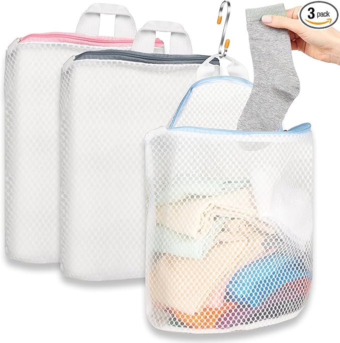 3Pcs Hanging Laundry Bags for Socks with S Hooks, 3 Color Mesh Laundry Bags for Washing Machine-CubbioJoy