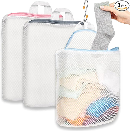 3Pcs Hanging Laundry Bags for Socks with S Hooks, 3 Color Mesh Laundry Bags for Washing Machine-CubbioJoy