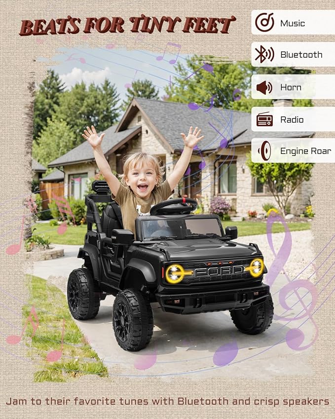 12V Ride on Toys for Kids, Licensed Ford Bronco Raptor Children Electric Vehicles, Toddler Battery Powered Car with Double Doors, 3 Point Safety Belt, Led Lights (12V, Black)-CubbioJoy