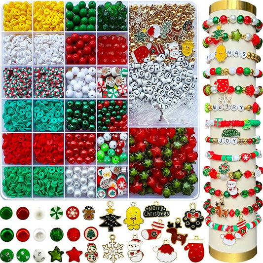 3140PCS Christmas Bracelet Making Kit, Christmas Beads Charms for Bracelets Jewelry Making Red Green Xmas Clay Acrylic Crystal Star Round Beads Letter Spacer Beads for Necklace Making DIY Crafts-CubbioJoy