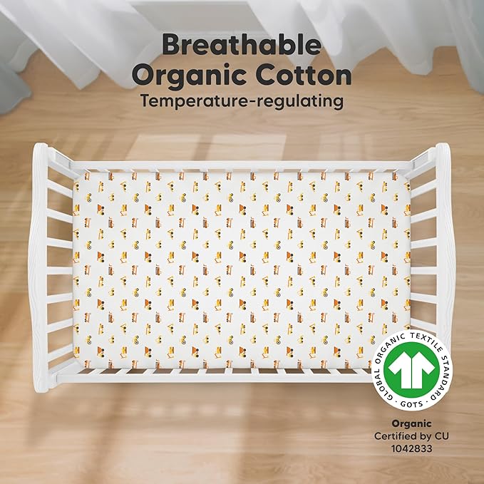 KeaBabies 2-Pack Organic Crib Sheets for Boys, Girls - 52x28 Fitted Crib Mattress Sheet Neutral, Breathable Jersey Cotton Cover for Baby Bed, Toddler Mattress, Soft & Cute Prints (Construction)-CubbioJoy