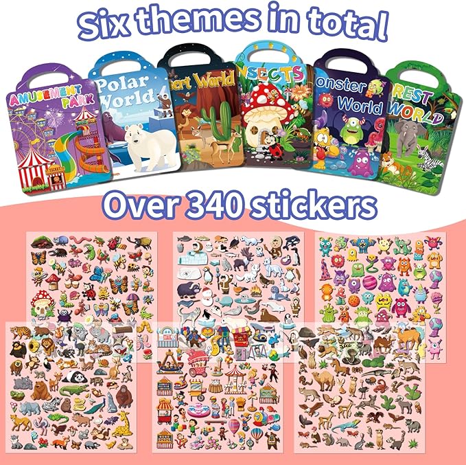 6Set Reusable Sticker Books for Kids 1-3 2-4 Years Old, 3D Puffy Stickers Books for Toddlers,Monster+Insects+Forest+Desert+Polar+Amusement Park-CubbioJoy