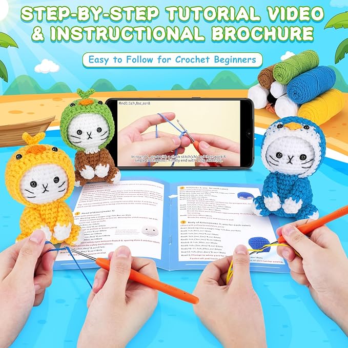 Crochet Kit for Beginners, 3 Pack Duck Cat Crochet Kits with Step-by-Step Video Tutorials, Beginner Crochet Kit for Adults Kid, Crochet Animal Kit for Starters, DIY Craft Gift for Cat Lover-CubbioJoy