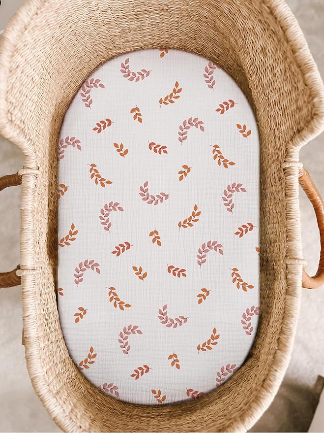 Bassinet Sheet for Baby Boy and Girl, Fitted Sheets for Rectangle, Oval, Hourglass Bassinet Mattress, Muslin Moses Basket Sheets with Neutral Style (Leaf)-CubbioJoy