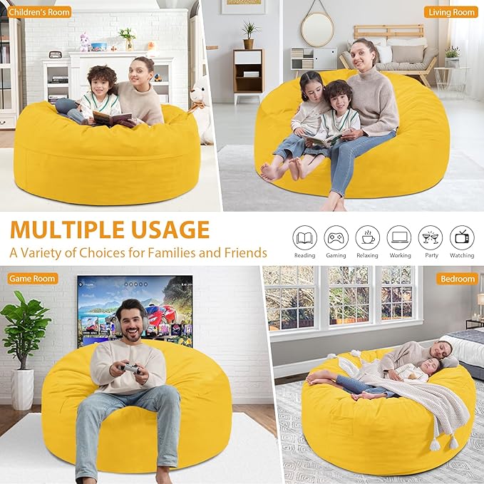 3FT Bean Bag Chair, Comfy Bean Bag Chairs with Memory Foam Filled, Fluffy Beanbag Sofa with Dutch Velvet Cover, Round BeanBag Chairs for Living Room, Playroom - Lemon-CubbioJoy