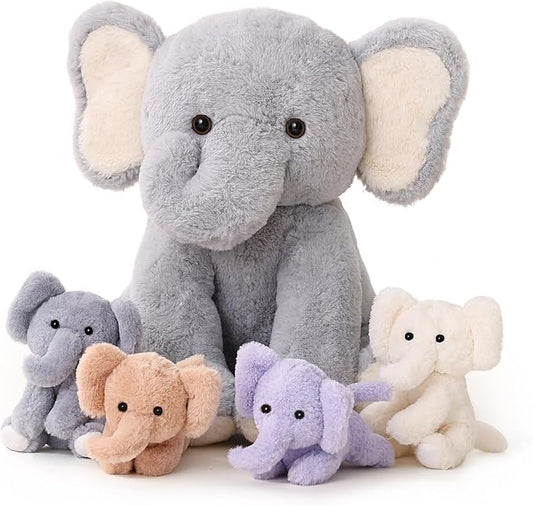 5 Pieces Elephant Stuffed Animals for Girls, 1 Mommy Elephant with 4 Babies Soft Plush Set Toys Gifts for Kids Children 3 4 5 6 7 8 9 Years, Christmas, Birthday, Children's Day-CubbioJoy