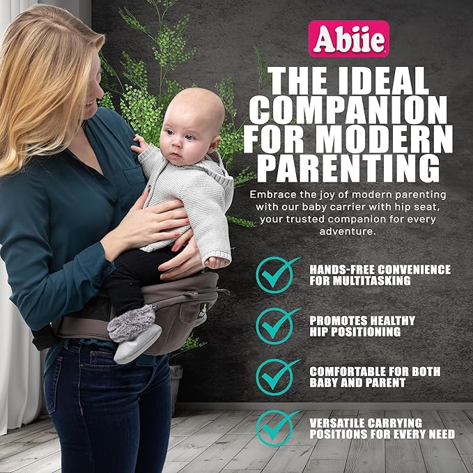 Abiie HUGGS 3-in-1 Baby Carrier w/Hip Seat - Front Facing, Hip Hugger, Back Baby Carrier - Healthy Sitting (M) Position, 3 Mos.-Toddler - Buckle Type Closure - Approved by US Safety Standards - Gray-CubbioJoy
