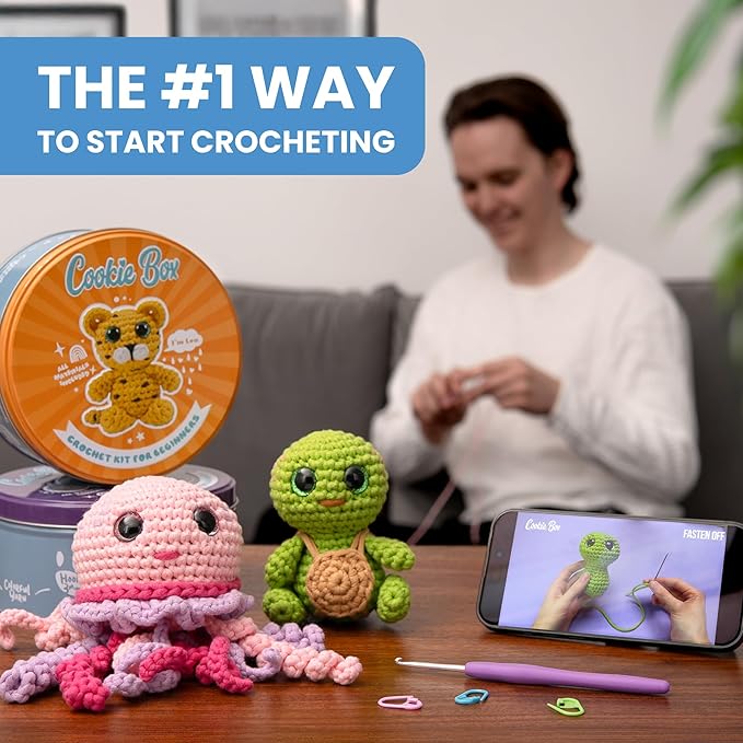 Cookie Box Crochet Kit for Beginners - Learn to Craft Amigurumi Stuffed Animals - Knitting Gift for Kids and Adults - Beginner-Friendly Yarn - Stitch-by-Stitch Video Tutorial - Oyster Pearl-CubbioJoy