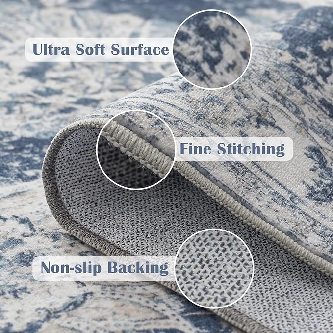 jinchan Hallway Runner Rug 3x8 Washable Runner - Vintage Floral Non Slip Low-Pile Soft Thin Faux Wool Kitchen Rug Distressed Carpet for Farmhouse Bedroom Laundry Room(3x8ft,Dark Blue)-CubbioJoy