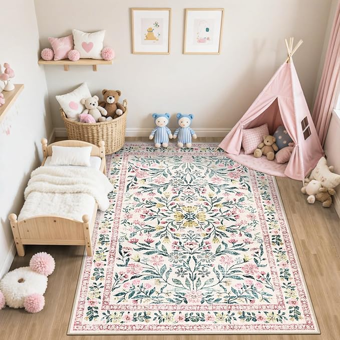 Area Rug Living Room Rugs: Floral 5x7 Washable Rug Vintage Soft Boho Non-Slip Carpet Indoor Stain Resistant Large Carpets for Bedroom Dining Room Farmhouse Nursery Hallway Home Office Pink Green-CubbioJoy
