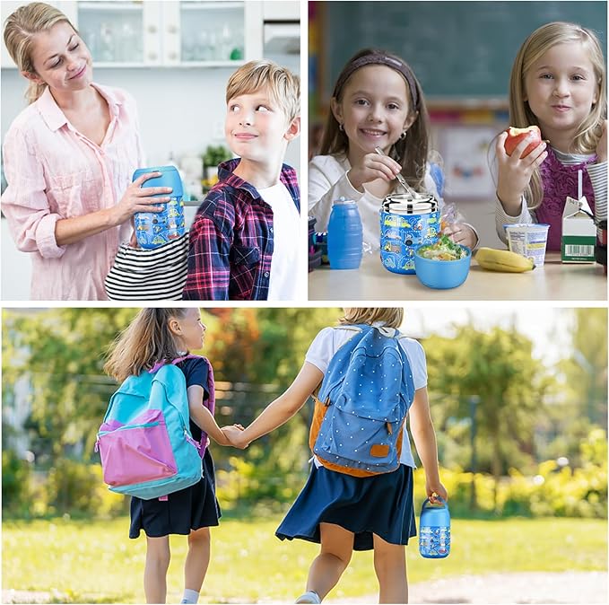 17 oz Insulated Lunch Containers Hot Food Jar, Wide Mouth Lunch Thermo for Kids Adults, Vacuum Stainless Steel Lunch Box With Handle Folding Spoon for School, Office Blue - Car-CubbioJoy