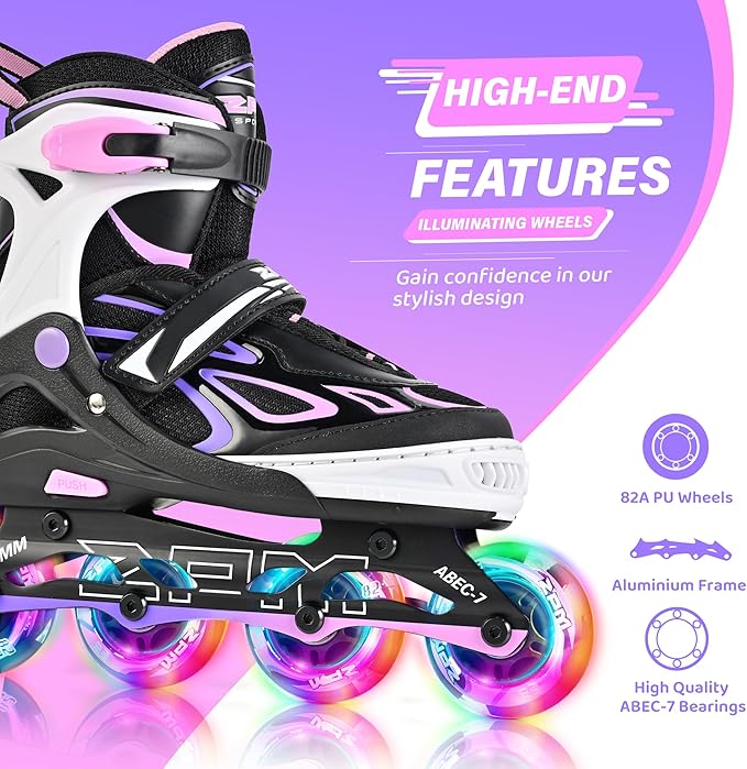 2PM SPORTS Vinal Girls Adjustable Flashing Inline Skates, All Wheels Light Up, Fun Illuminating Skates for Kids Men Adult Women and Boys-CubbioJoy