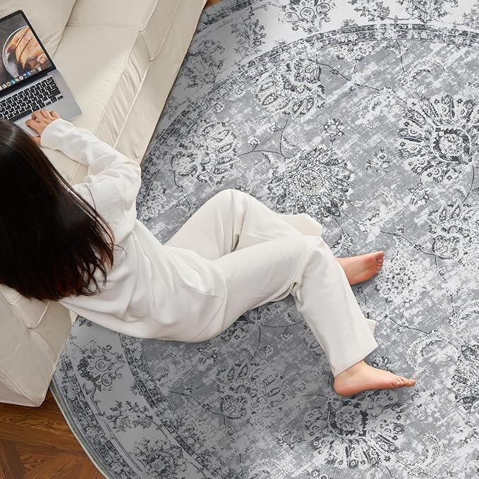 jinchan Round Rug 6ft Area Rug - Grey Vintage Floor Mat Kitchen Indoor Ultra-Thin Soft Floral Print - Washable Circle 6' Retro Accent for Farmhouse Non Slip Dining Room Living Room Bedroom Office-CubbioJoy