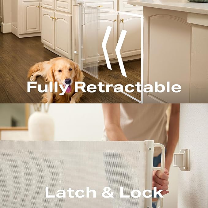 Cumbor 2-Pack Retractable Baby Gates for Stairs, 55" Wide Soft Mesh Pet Gate for Dogs with One Hand Opening, 34" Tall Toddler Gate with Top Lock for Bedroom, Doorways, Indoor/Outdoor, White-CubbioJoy