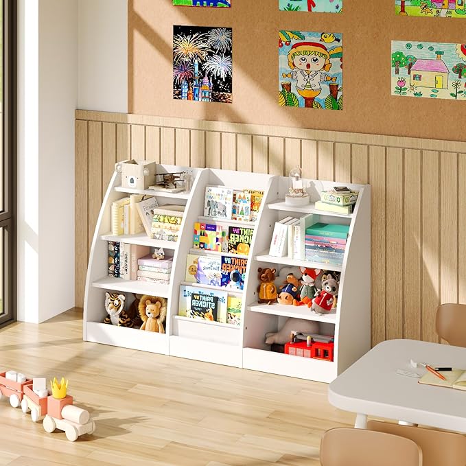 4 Tier Kids Bookshelf, 4 Layer Sling Kids Book Shelf for Kids Rooms, XXL Wood Children Bookcase,Baby Storage Book Rack,Toddler Bookshelf, Book and Toy Organizer,Book Display Shelf for Bedroom, Nursery-CubbioJoy