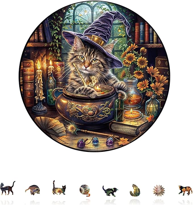 KAAYEE Wooden Puzzles for Adults, 3D Visual Effect Magic Feline Cat Wooden Jigsaw Puzzle Unique Shape Wood Puzzle Adult, 3D Effect Flat Puzzle Birthday Family Game (M-11.4 * 11.4 in-200pcs)-CubbioJoy