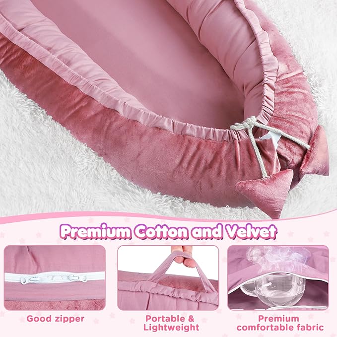 Baby Lounger - Baby Lounger for Newborn 0-24 Months, Breathable & Soft Cotton and Velvet Cover Baby Nest, Portable Tummy Time Lounger for Home and Travel, Ideal Baby Essentials & Shower Gifts-CubbioJoy