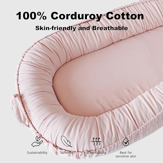 Infant Lounger, Baby Nest Cover for Baby Girls & Boys, Newborn Essentials for Baby 0-18+ Months, 100% Cotton Breathable (Mistyrose, Corduroy)-CubbioJoy