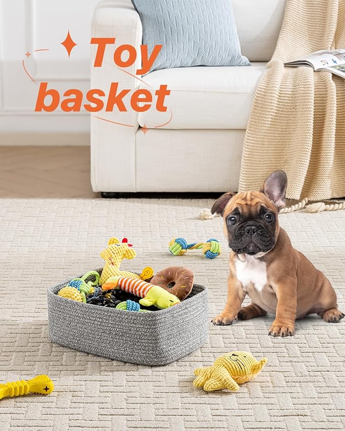 KALLAX Small Woven Basket, 13.5 x 9.5 x 5 Inches, Storage Basket for Organizing, Cute Small Rope Shelf Closet Cube Storage Bins Baskets for Shelves, Dog Toy Gift Baskets Empty, 3 Packs, Mixed Grey-CubbioJoy