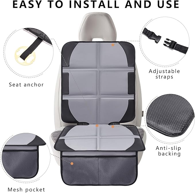 Car Seat Protector, 2 Pack Baby CarSeat Covers with Mesh Pockets & Non-Slip Backing 600D Durable Seat Protectors Under Car Seat for Baby(Gray, Large)-CubbioJoy