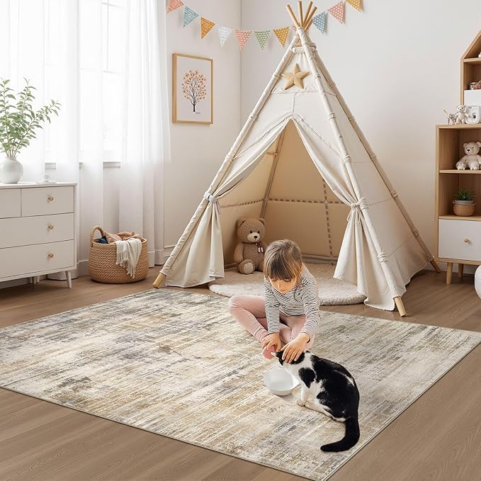 Area Rug for Living Room: 4x6 Washable Neutral Abstract Modern Soft Rugs Non Slip Indoor Floor Stain Resistant Carpet for Bedroom Dining Room Office Nursery - Golden Brown-CubbioJoy