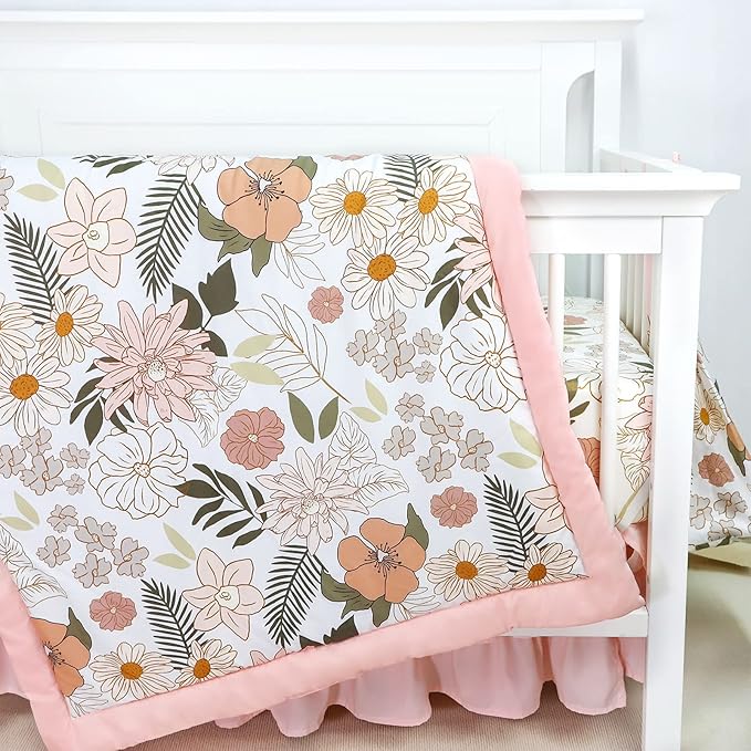 4-Piece Crib Bedding Set for Girls, Pink Baby Girl Bedding Set with Crib Skirt, Baby Quilt, Crib Sheet and Diaper Stacker, Daisy Flower-CubbioJoy