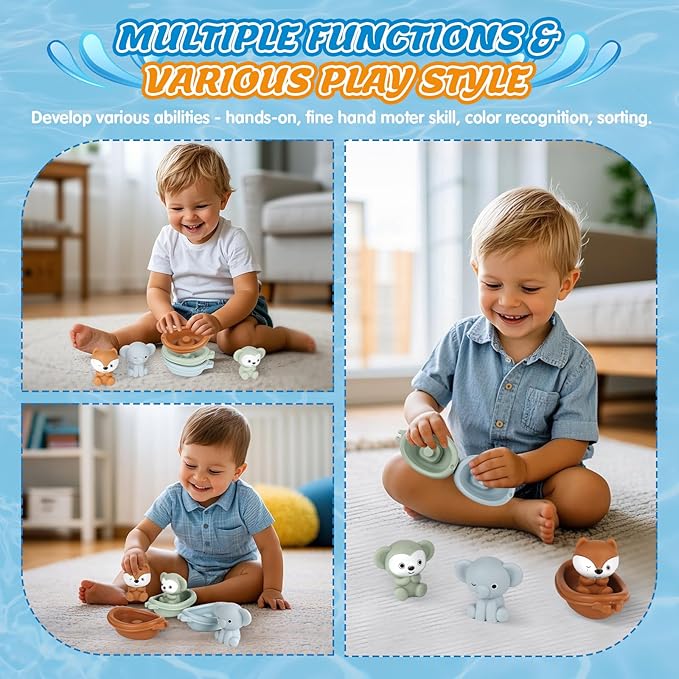 Bath Pool Toys for Toddler, Stacking Toys with 3 Boat 3 Sensory Finger Puppets, Toddler Toys Gifts for 2-4 Year Old Boy Girl, Model A-CubbioJoy