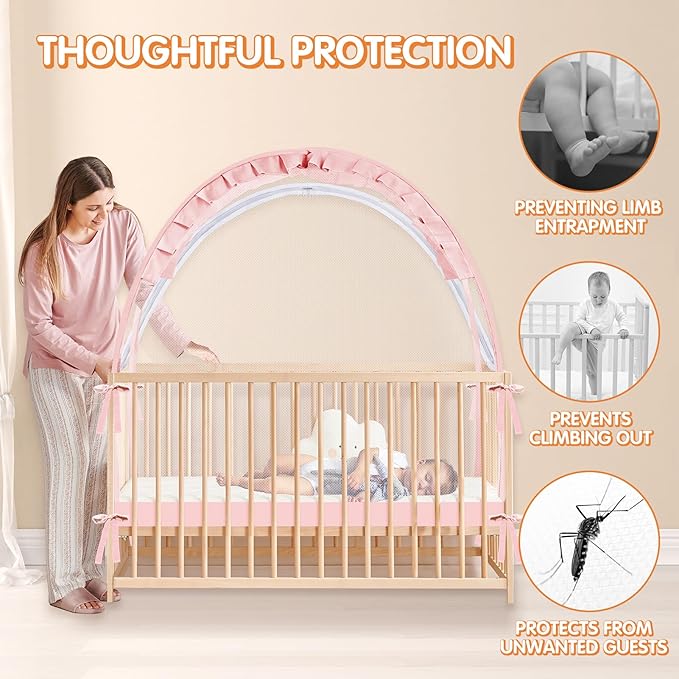 Crib Tent to Keep Baby from Climbing Out - Crib Net to Keep Baby in - Pop Up Breathable Cribs Cover - Canopy with Upgrade Strong Mesh and Durable Zipper (Pink, Lager)-CubbioJoy