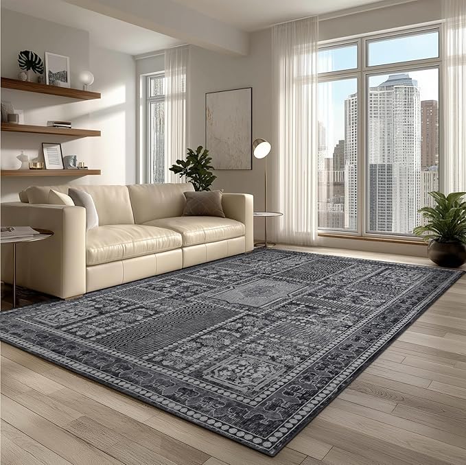 4x6 Washable Area Rug for Living Room, Carpet for Bedroom, Soft Faux Wool Retro Dining Room Rug, Non Slip&Non-Shedding Resistant Low Pile Vintage Print Rug for Home Office (Grey)-CubbioJoy