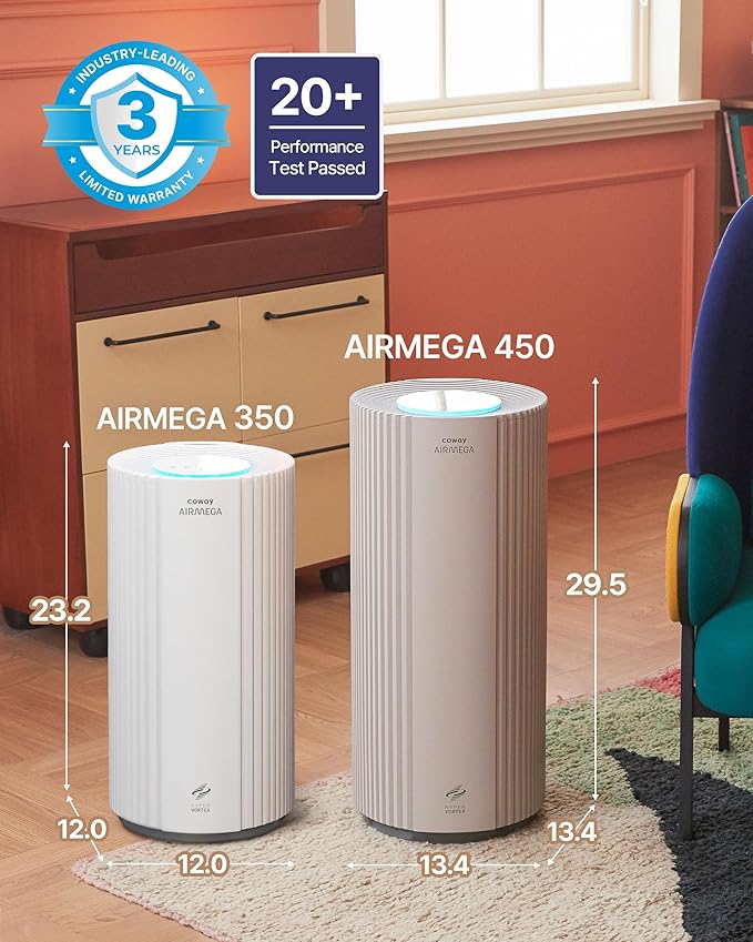 COWAY Air Purifiers for Large Room Whole Home Up to 3,285ft², True HEPA Filter for Smoke, Allergen, Pet Dander, Odor, PM(1, 2.5, 10), AQI, Turbo Eco Mode, Energy Star, 3yr Warranty, Airmega 450 Beige-CubbioJoy
