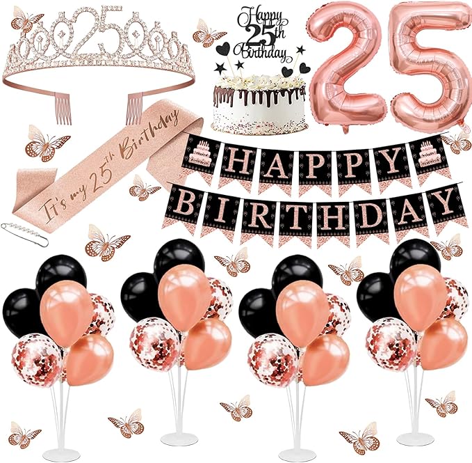 25th Birthday Decorations for Women - 56pcs Rose Gold Happy 25th Banner, Rhinestone Crown & Sash, Cake Topper, 40 Balloons, 3D Butterflies & 4 Balloon Stands (25)-CubbioJoy
