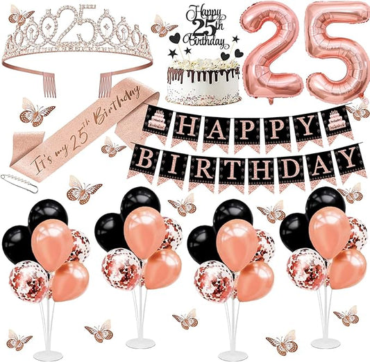 25th Birthday Decorations for Women - 56pcs Rose Gold Happy 25th Banner, Rhinestone Crown & Sash, Cake Topper, 40 Balloons, 3D Butterflies & 4 Balloon Stands (25)-CubbioJoy