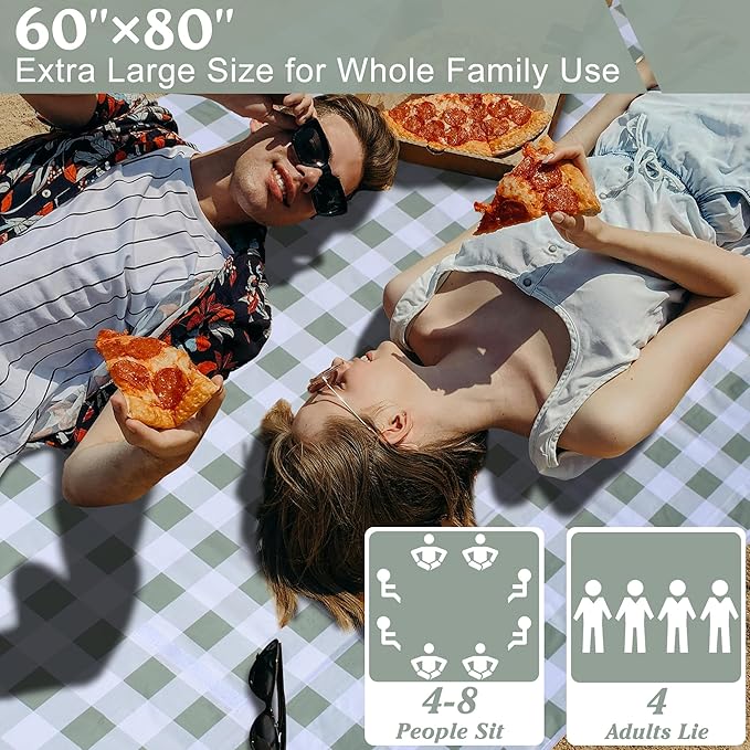80"x60" Waterproof Sandproof Picnic Mat - Portable Foldable Outdoor Blanket for Beach, Park, Travel & Indoor Use - Lightweight Compact Design, Easy-Carry (Green&White)-CubbioJoy