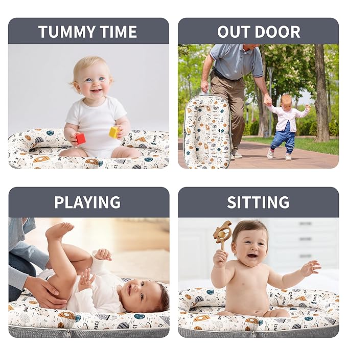 Baby Lounger, Foldable Infant Nest with Soft Memory Foam Mat, Cover with Adorable Pattern, Converts to Backpack for Easy Travel, 0-12 Months, Rocket-CubbioJoy