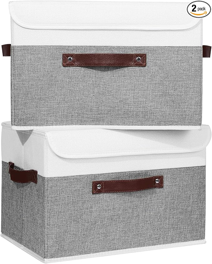 ANMINY 2PCS Storage Boxes with Lid Washable Decorative Storage Bins Basket with PU Leather Handle Foldable Linen Fabric Storage Cubes Containers for Home Closet Organizer - Gray White, Large Size-CubbioJoy