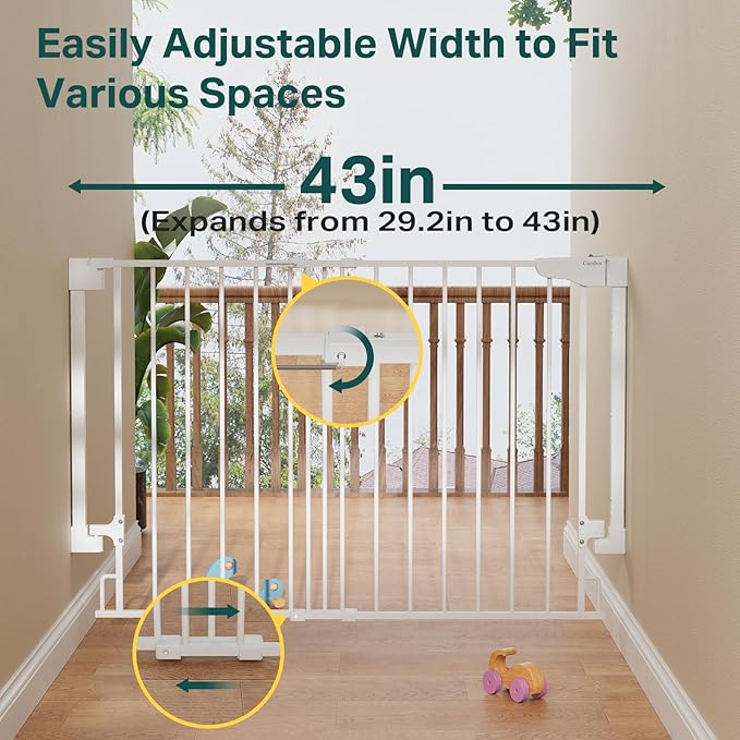 Cumbor 29.2-43" No Bottom Bar Baby Gate for Stairs, 2-in-1 Hardware Mounted Dog Gate Indoor, Auto Close Pet Gate for Doorways with Large Walk Thru Door, Wide Child-Proof Safety Gates for Kids (White)-CubbioJoy