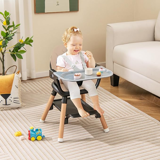 BABY JOY Baby High Chair, 6 in 1 Convertible Wooden High Chair for Babies & Toddlers with Adjustable Legs, Double Removable Tray, Safety Harness & Waterproof PU Cushion (Coffee)-CubbioJoy