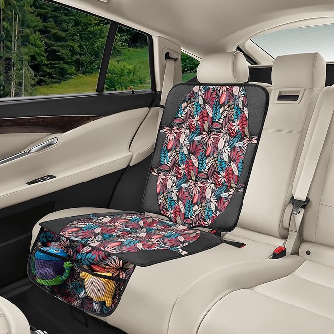 Car Seat Protector for Child Car Seat, 2 Pack Baby Car Seat Covers with Mesh Pockets & Non-Slip Backing 600D Durable Seat Protector Under Baby Car Seat for Car Back Seat (Red Leaves, Large)-CubbioJoy