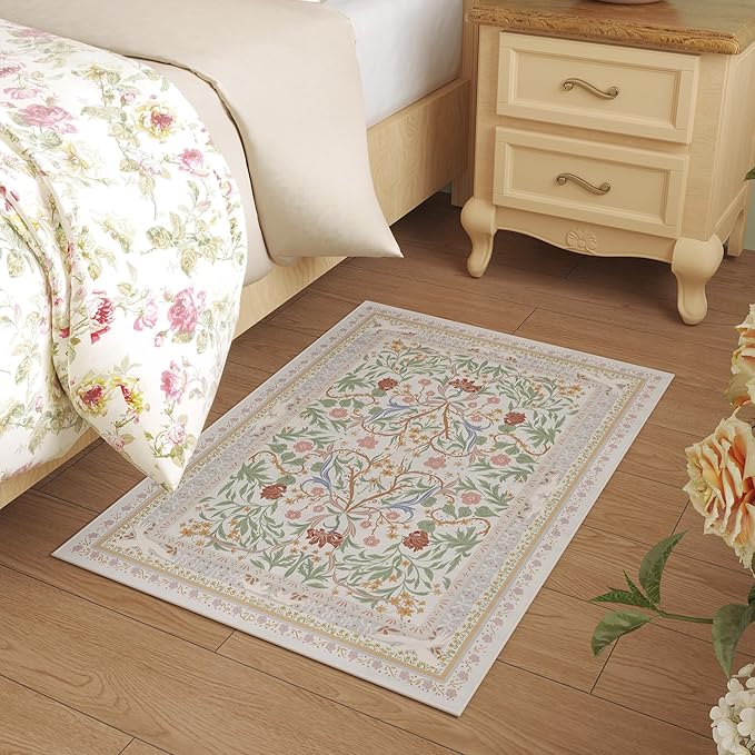 Door Mat Indoor Entrance 2x3 Rug Machine Washable Vintage Floral Botanical Small Area Rug Non-Slip Low Pile Throw Rugs for Entryway, Kitchen, Front Door Entrance, Entry, Kids Room, Beige-CubbioJoy
