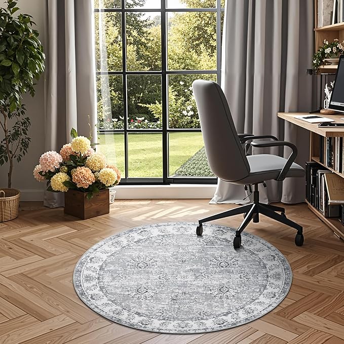 jinchan Round Rug 4ft Area Rug - Indoor Vintage Hallway Circle 4' Washable - Ultra-Thin Low Pile Soft Small Non Slip Distressed Floral Print for Living Room Dining Room Bedroom Entryway Grey-CubbioJoy